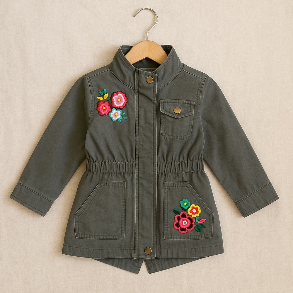 Hanna Andersson Olive Green Girls' Embroidered Floral Jacket